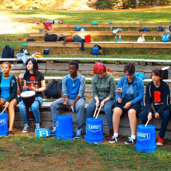 students on bleachers