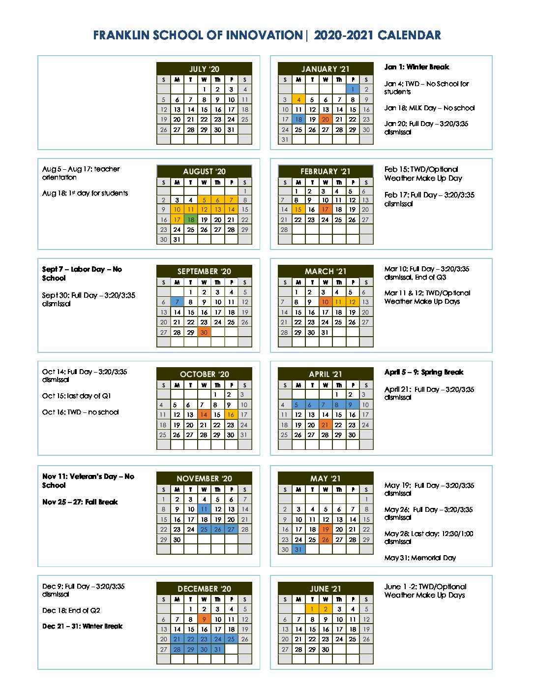 FSI 2020-21 Calendar - Franklin School of Innovation